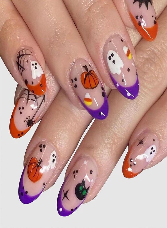 UCCASA Halloween Almond Press on Nails French Tip Fake Nails Short Almond Acrylic Full Cover False Nails Glossy Pumpkin Ghost Glue on Nails Orange Purple Nail Tips Stick on Nails Artificial Nails for Women - Image 1